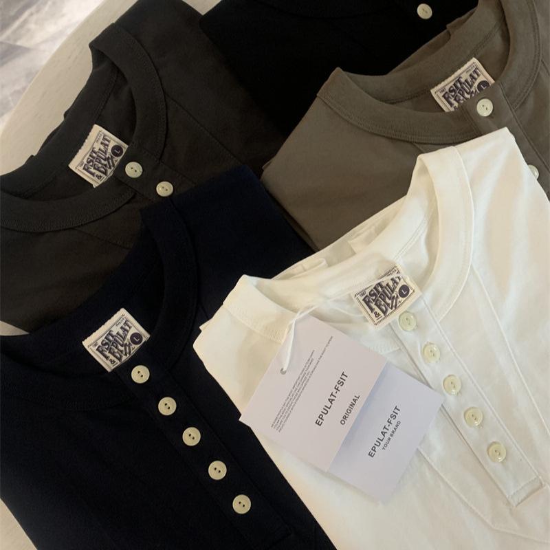 Tシャツ メンズ 男性用 水洗い ダブルガーゼ 綿 長袖 ヘンリーネック カットソー 無地 ドロップショルダー トップス ブラック ホワイト ブルー グレー カーキグリーン