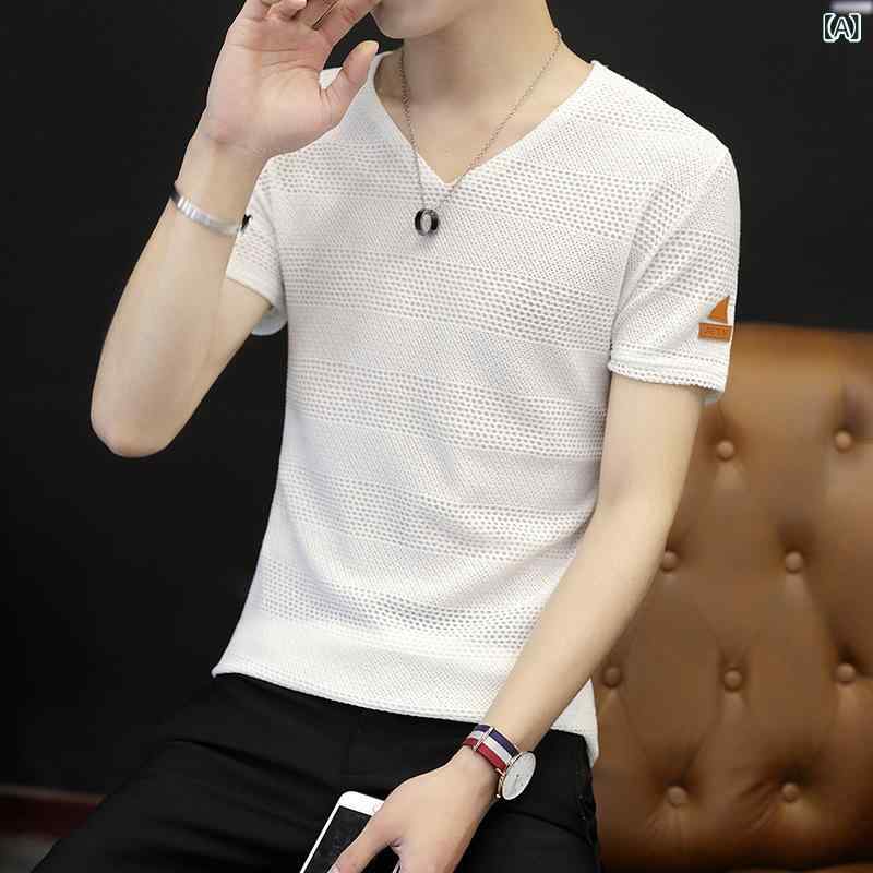 Tシャツ メンズ Vネック 半袖 スリムフィット プルオーバー ポリエステル トップス カットソー 薄手 カジュアル スタイル 春夏 ブラック グレー