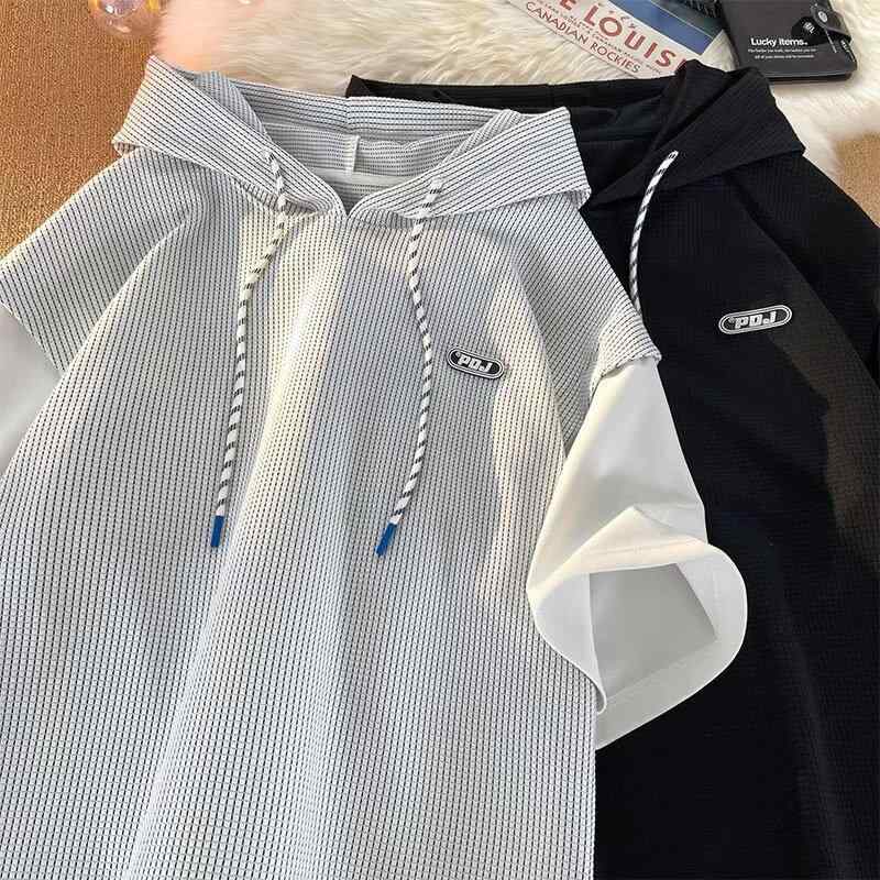 乐天商城 - Tシャツ メンズ 半袖 ワッフル 接触冷感 フェイクレイヤード風 重ね着風 デザイン 5分袖 カットソー トップス 春夏 カジュアル ブラック ホワイト