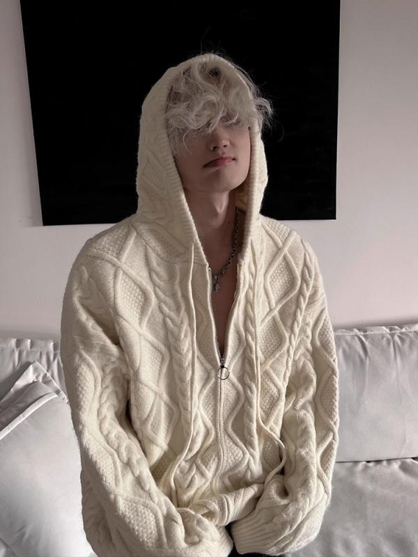 Knit Sweater - ニット メンズ カーディガン 長袖 パーカー 秋冬 暖かい 柔らかい ポリエステル 部屋着 ルームウェア カジュアル 韓国風 杏色 グレー ブラック