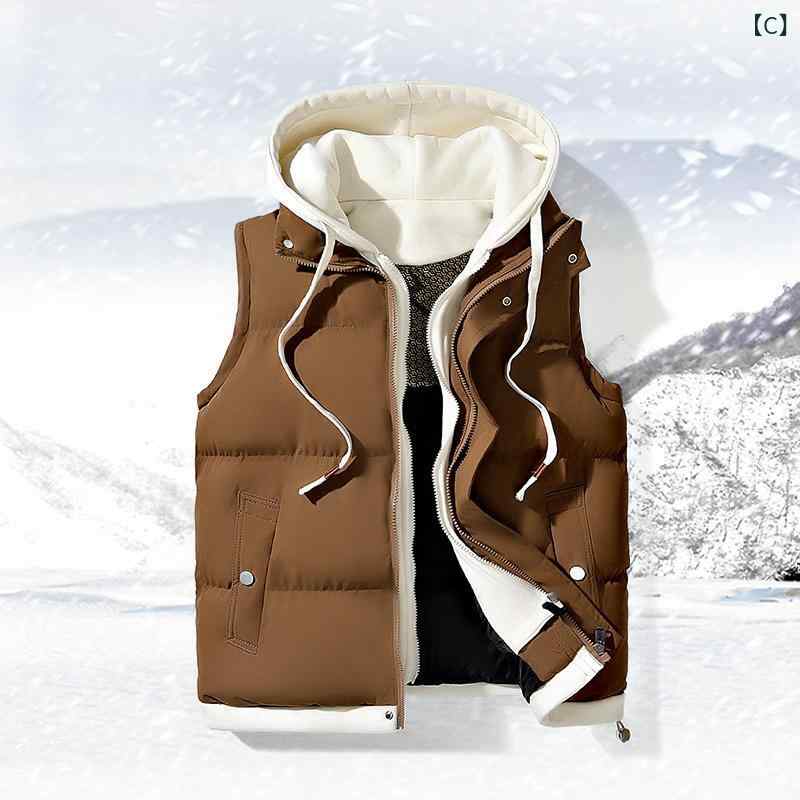 メンズ ダウンベスト 秋冬 连帽 ポリエステル 中綿入り 防寒 保温 カジュアル ベスト 袖なし ジャケット ブラック ベージュ系