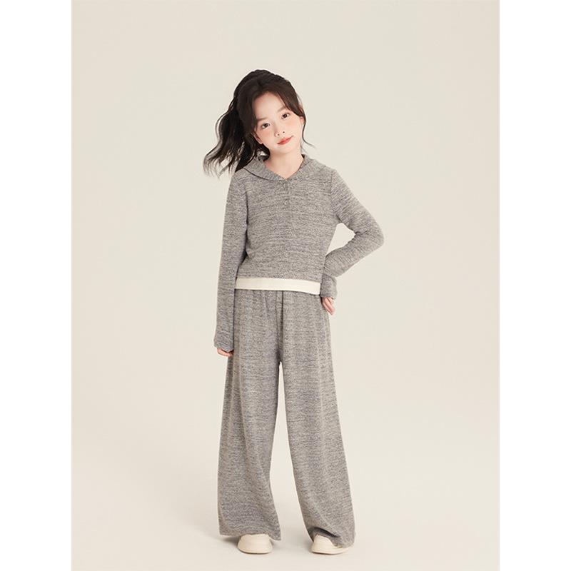 Top & Bottom Sets - 子供服 パンツ セットアップ 女の子 ニット パーカー トップス ワイドレッグパンツ 上下セット 春秋 カジュアル グレー 100cm 110cm 120cm 130cm 140cm 150cm 160cm 170cm