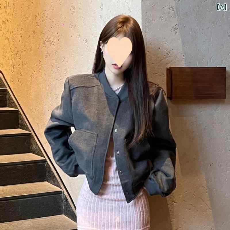 ジャケット レディース 韓国風 カジュアル アウター 秋冬 デザイン 棒球服 ブルゾン ショート丈 トップス グレー shadowtail-10645970 シャドーテール サンプル画像2