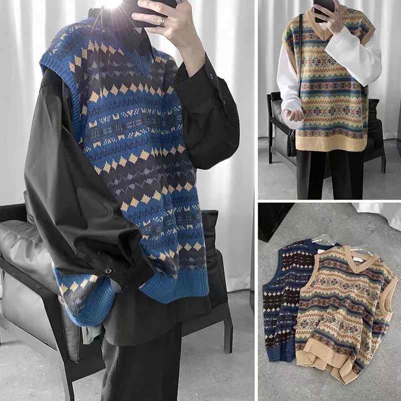ニット メンズ ニットベスト カーディガン 秋冬 ゆったり Vネック プルオーバー チョッキ カジュアル レトロ 配色 ライン トップス カートコバーン風