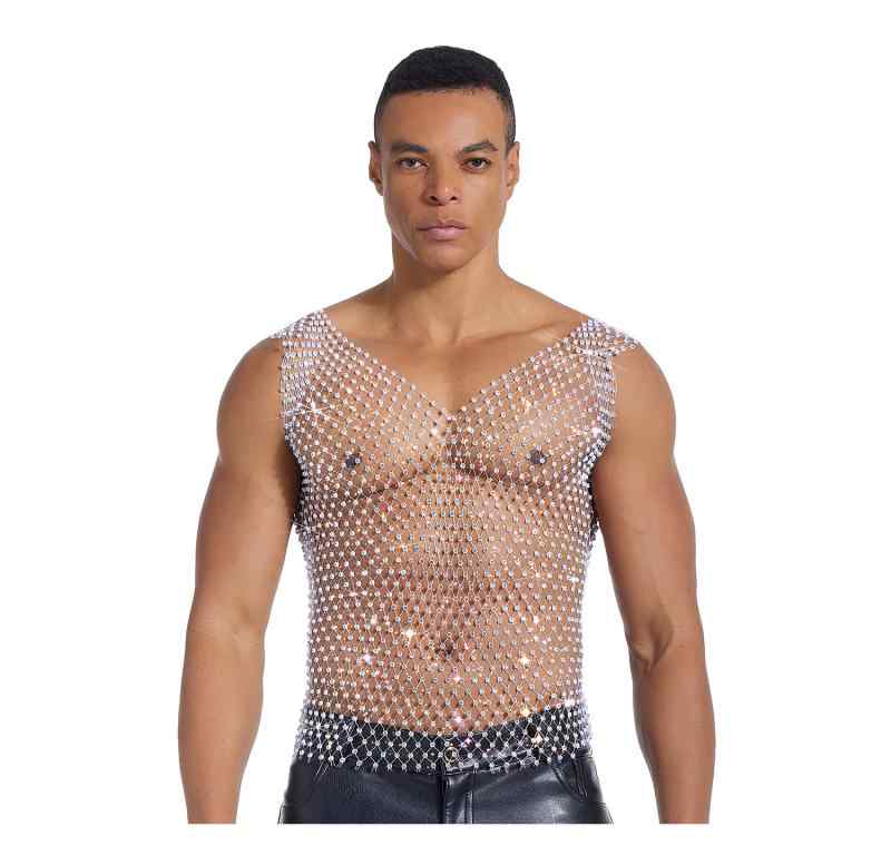 タンクトップ メンズ 男性用 水着風 漁網風 シースルー トップス 街頭風 ダンス クラブ ステージ 衣装 黒 白