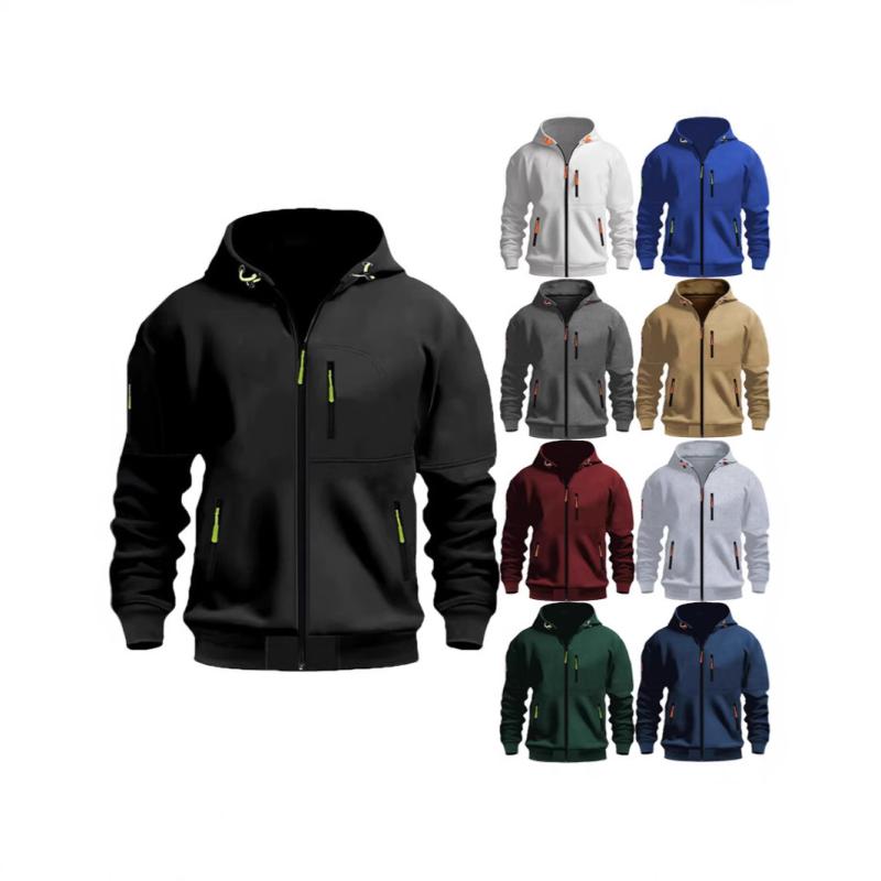 パーカー メンズ 男性用 長袖 秋冬 ジップアップ フード付き 立ち襟 متعدد الجيوب スポーツウェア トレーナー スウェット 大きいサイズ 無地 黒/カーキ/紺/赤/白/グレー ポリエステル