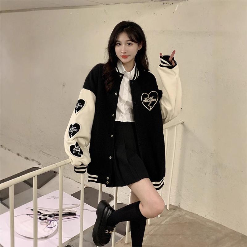 Other Jackets Jumpers - スウェット レディース スタジャン 秋冬 原宿系 ジャケット ゆったり トップス 長袖 POLO襟 ブラック 黒