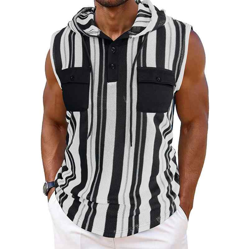 パーカー メンズ 男性用 ストライプ ノースリーブ フード付き プルオーバー Tシャツ スポーツ アウトドア ポリエステル ブラック系