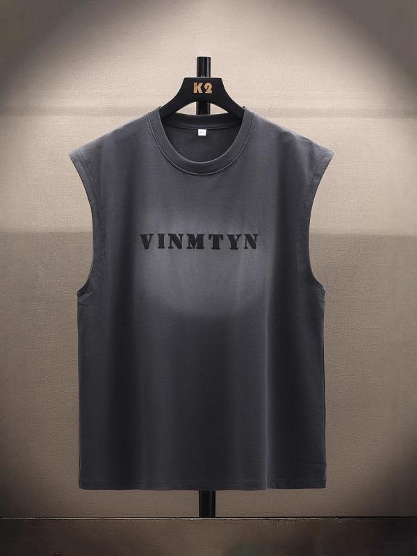 Tシャツ メンズ タンクトップ グラデーション 接触冷感 ポリエステル 大判サイズ アルファベット柄 プリント スリーブレス トップス 部屋着 ルームウェア スポーツウェア カジュアル スタイル 春夏 ブラック グレー系