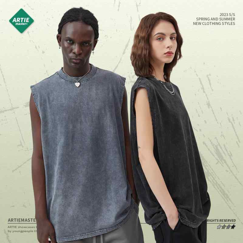 タンクトップ 男性用 洗い加工 ダメージ加工 コットン100% ルーズフィット 薄手 普段使い 高街スタイル 4色