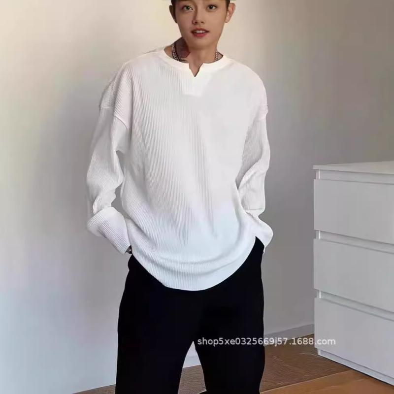 Tシャツ メンズ 男性用 リブ Vネック 長袖 ポリエステル ゆったり 無地 接触冷感 アメカジ 白 黒