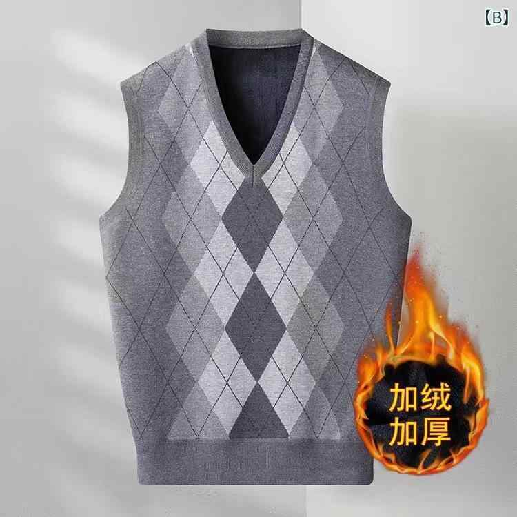 ベスト 男性用 Vネック 裏起毛 菱形柄 ニット セーター 厚手 秋冬 リブ裾 プルオーバー 普段使い 部屋着 ワインレッド グレー系