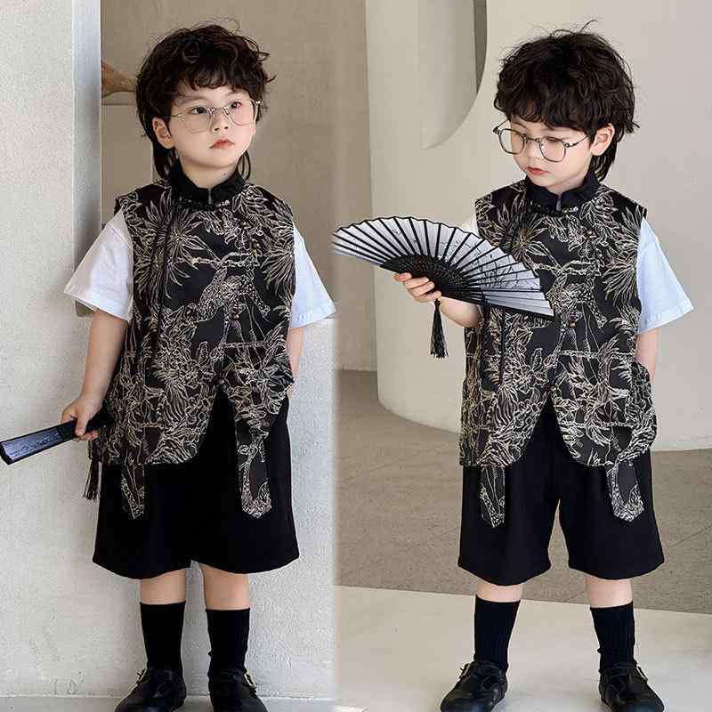 子供用漢服 馬面裙 春の新作 黒金刺繍入りベスト レトロ 中華風 男の子 女の子向け 子供服 上下セット 90cm 100cm 110cm 120cm 130c...