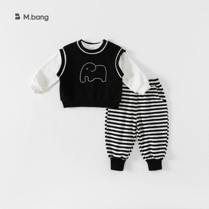 キッズ セットアップ 春秋 長袖 Tシャツ ズボン 上下セット 3点セット アニマル柄 カジュアル かわいい コットン ブラック ホワイト 黒 白 ボーダー 80 90 100 110 120 130 140(4.0)