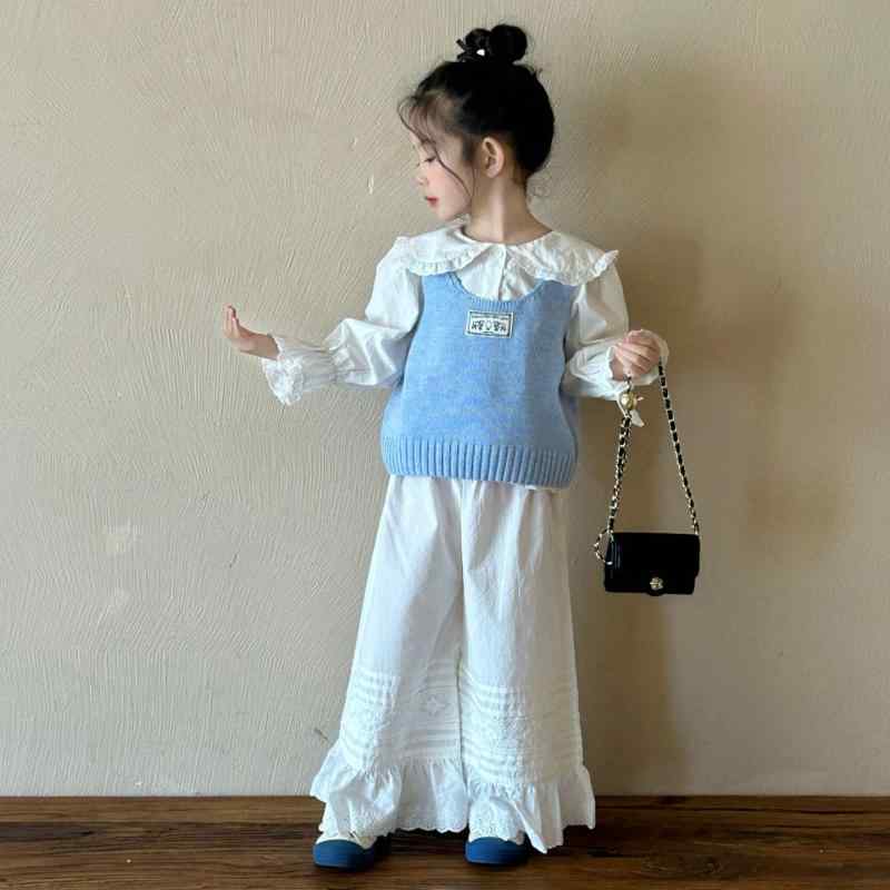 子供用セットアップ ニットベスト ブラウス ワイドパンツ 春物 2歳 3歳 4歳 5歳 6歳 7歳 8歳 女の子 ガールズ 上下セット 綿80% 薄手 かわいい おしゃれ