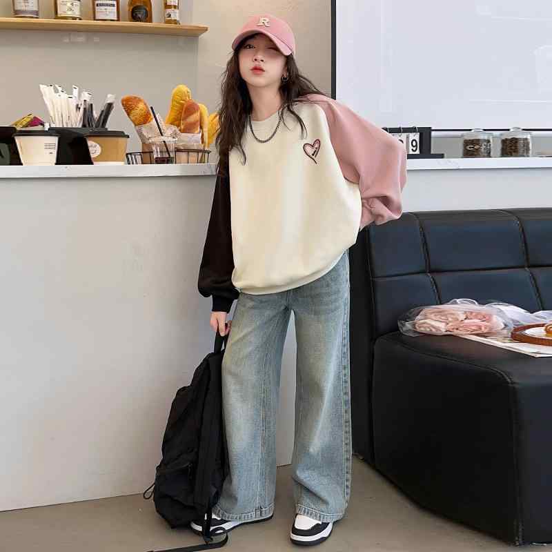 子供服 スウェット セットアップ ガールズ 秋物 長袖トップス デニムパンツ 2点セット 普段着 通学着