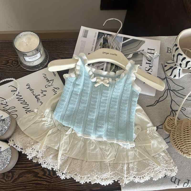 子供服 女の子 ニット キャミソール レース スカート付きパンツ 上下2点セット 薄手 無地 春夏 ブルー..