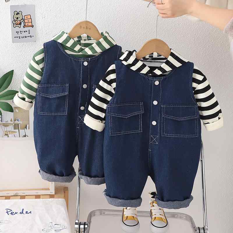 子供服 パンツセット 男児 ストライプ パーカー デニム オーバーオール 上下セット 80cm 90cm 100cm カ..