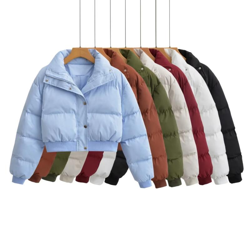 Coat - 綿入りジャケット レディース ショート丈 立襟 中綿 長袖 スリム 無地 ブラック ブルー系 アイボリー