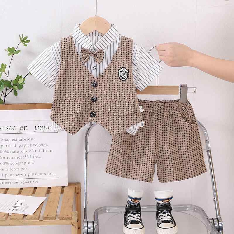 子供服 夏服 カジュアルセットアップ 0歳 1歳 2歳 3歳 4歳 5歳 男の子 フォーマル 半袖シャツ チェック柄ベスト 短パン 3点セット 涼しい 薄手 綿 グレー カーキ