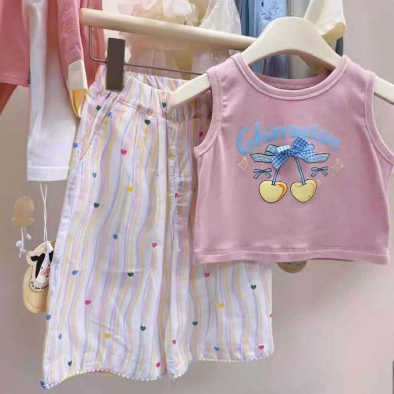 子供用パンツスーツ 女の子 夏物 半袖トップス ストライプ長ズボン 上下セット 薄手 かわいい ピンク系 90 100 110 120 130 140cm