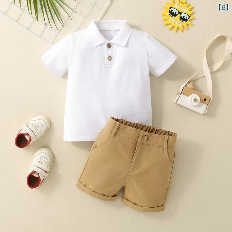 Top & Bottom Sets - キッズ ポロシャツ 半袖 短パン セットアップ 男の子 ベビー 夏服 子供服 綿100% 無地 カジュアル 春夏