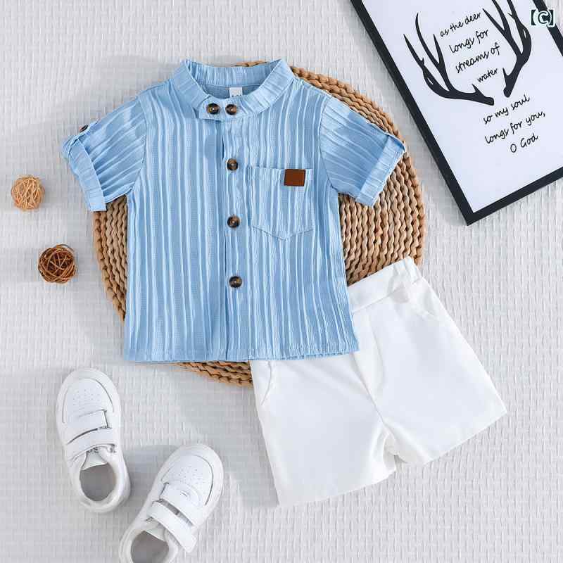 ベビー服 春夏 半袖シャツ ショートパンツ 2点セット 女児 乳幼児 ストライプ柄 80 90 100cm 薄手 普段..