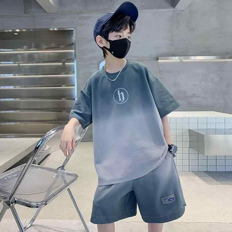 子供用セットアップ キッズ 男の子 夏服 上下セット 2点セット 半袖 短パン 灰色 カーキ色 中大童 普段着 レジャー