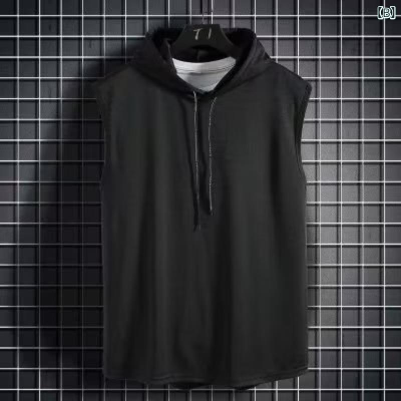 ベスト メンズ ポリエステル 無地 トップス カジュアル 薄手 夏服 フード付き 重ね着 スポーティ スタイリッシュ ホワイト ブラック グレー ブルー