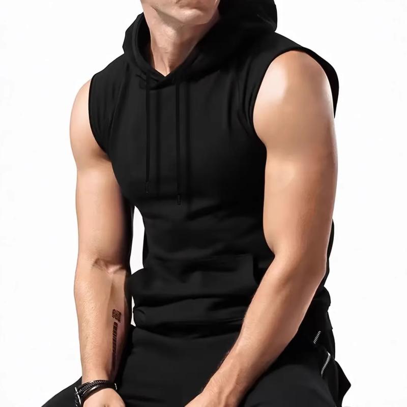 Tシャツ メンズ 男性用 夏 シンプル 無地 スポーティー カジュアル 普段使い ノースリーブ パーカー ポリエステル ブラック(4)