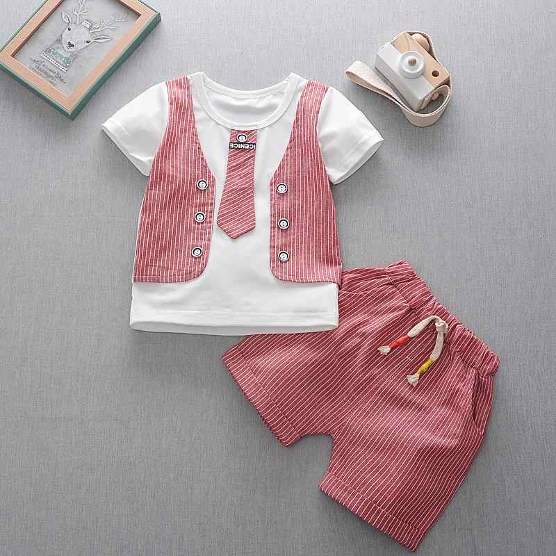 キッズ フォーマル スーツ 2点セット 子供 半袖 Tシャツ ストライプ ベスト ハーフパンツ 赤 青 綿100％ 薄手 80cm 90cm 100cm 110cm