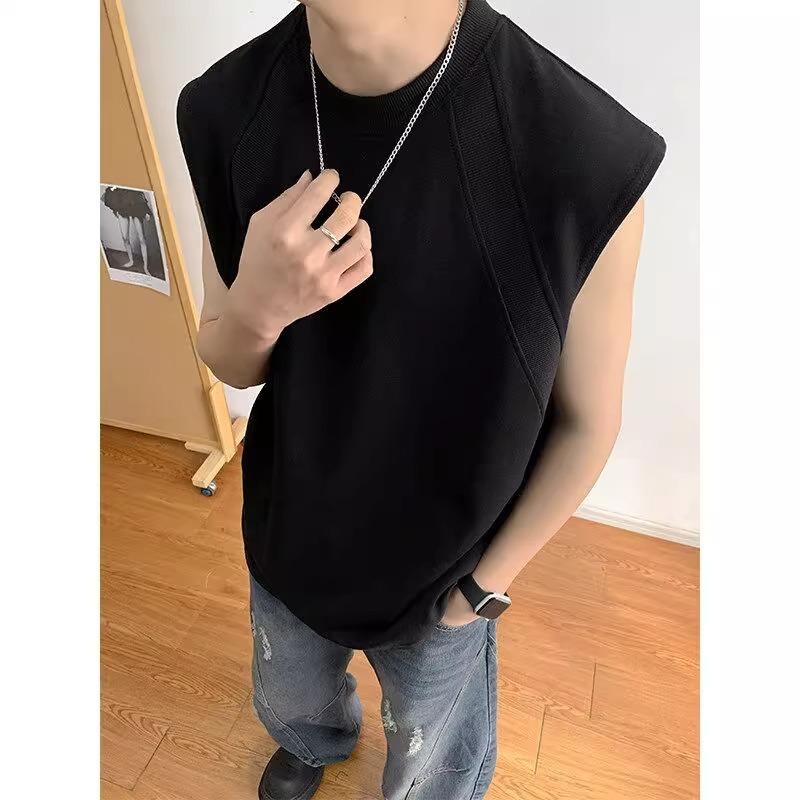 Tシャツ メンズ ノースリーブ ショート丈 ボクシー 無地 ポリエステル 化繊混紡 ルーズ レトロ 日常着 ..