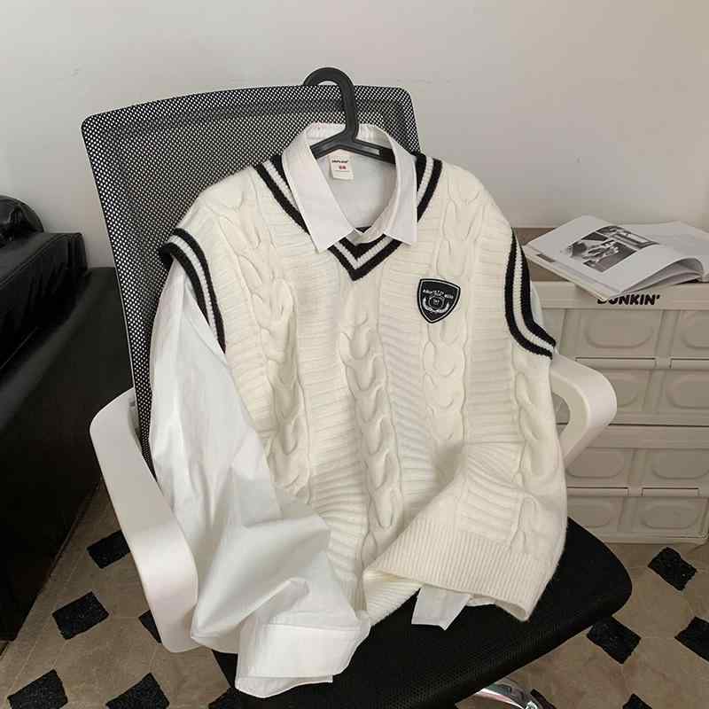 ニットベスト メンズ Vネック 配色 春秋 学院風 ノースリーブ ウール混 セーター ライン入り ゆったり 白