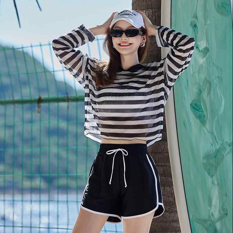 レディース 水着 分体式 3点セット 腹カバー スリム ガードル 小胸対応 韓国風 ビキニ ブラトップ ショーツ キャップ 黒 藍 ポリエステル 速乾 伸縮性 プール 温泉 ビーチ