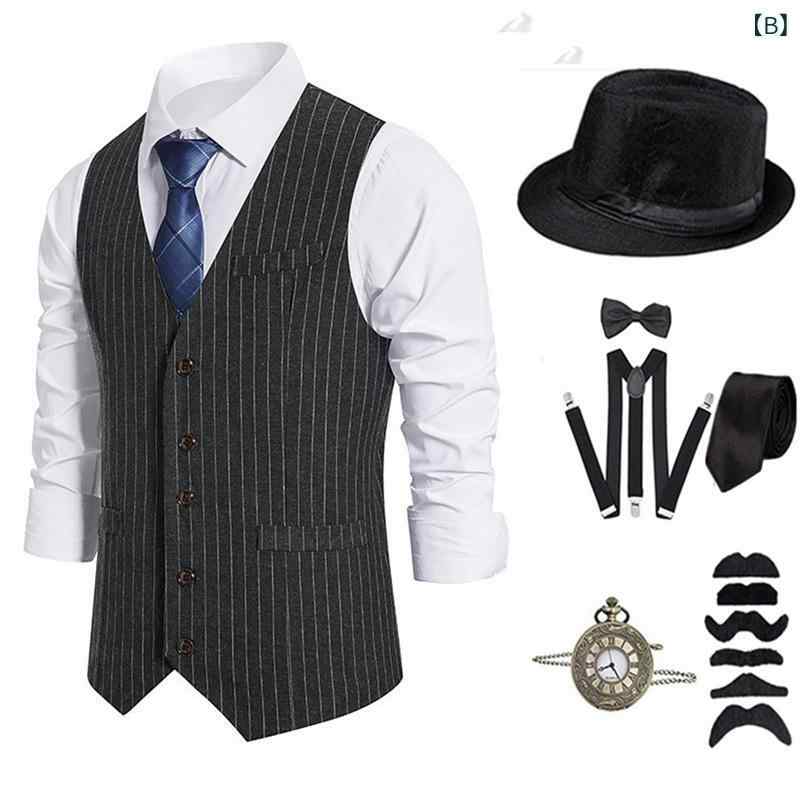 メンズ ベスト ストライプ シングルブレスト ギャツビー レトロ フォーマル 紳士 男性用 チョッキ Vネック スーツ ベスト 綿混紡 ブラック系