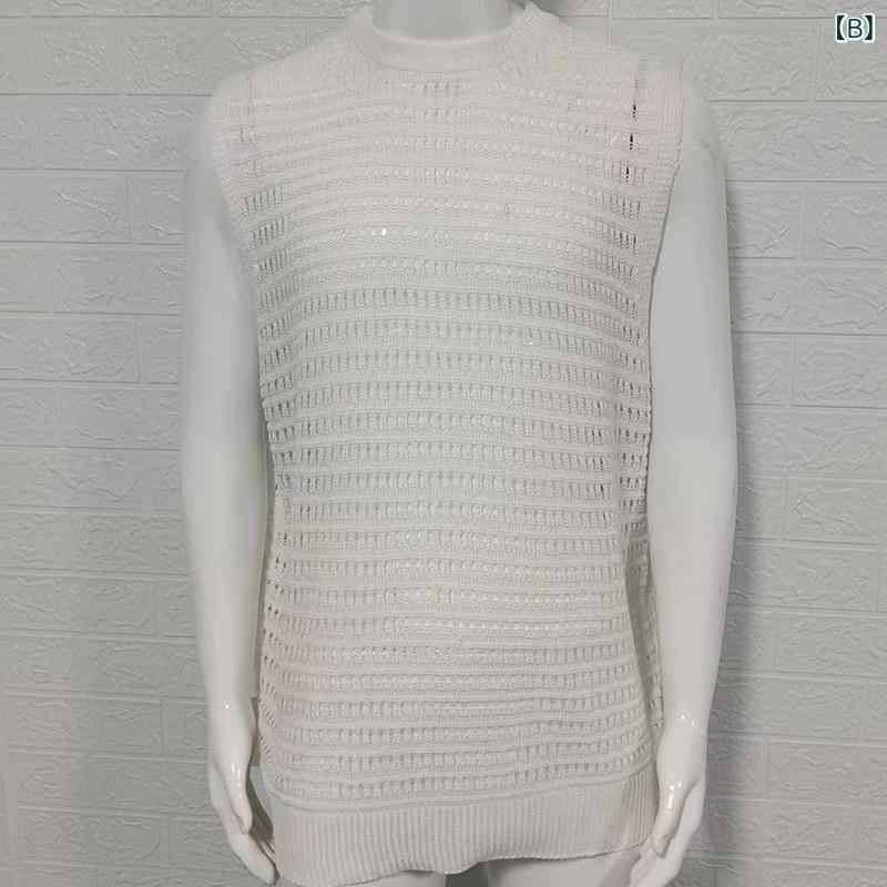 ニット メンズ ニットベスト 無袖 サマーニット 接触冷感 薄手 スリムフィット ブラック ホワイト M L XL XXL