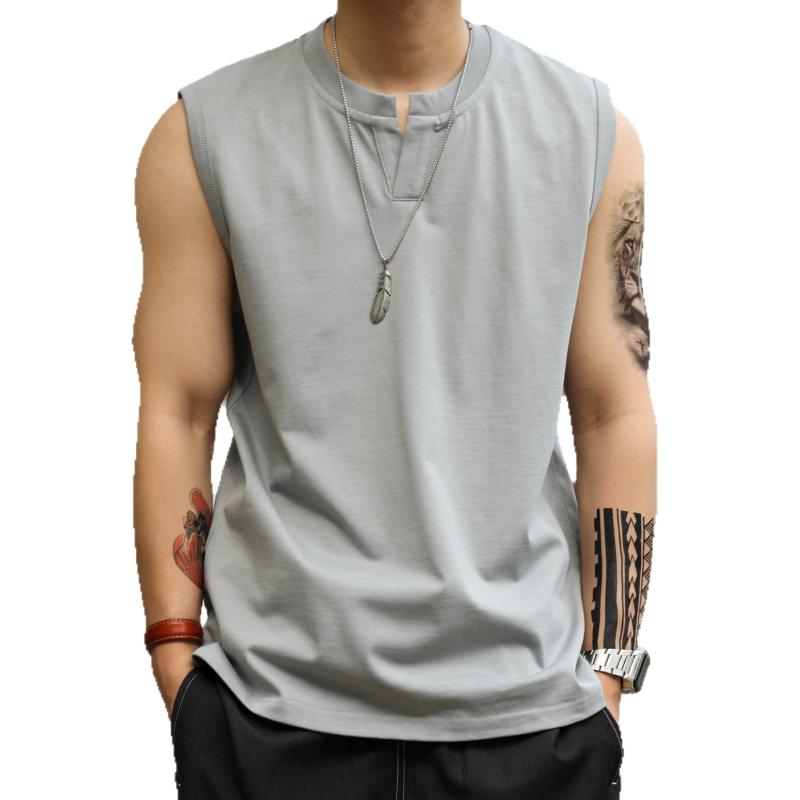 Tシャツ メンズ タンクトップ 夏物 コットン100% 小Vネック スポーツ トレーニング カジュアル ノースリーブTシャツ 無地 ゆったり 米白色 AWカーボングレー FOGコーヒー色