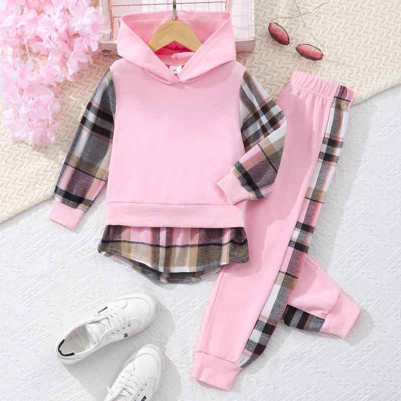 Girls' long-sleeved hoodie with checkered pattern and contrasting panels, sweatshirt and hoodie set, for ages 3, 4, 5, 6, and 7.