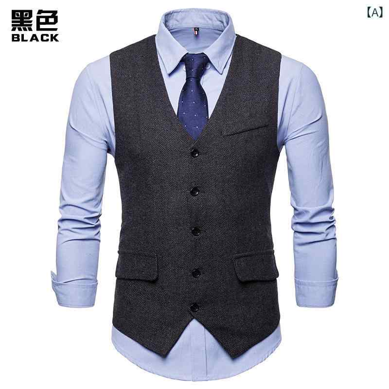 ベスト 男性用 コットン混紡 Vネック シングルブレスト ポケット付き カジュアル ブラック カーキ色