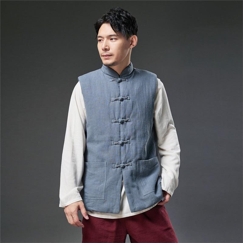 ベスト 男性用 チャイナスタイル 秋冬 綿入り 無地 スタンドカラー ノースリーブ カーディガン 民族衣装 スリムフィット 亜麻 綿 灰 紺