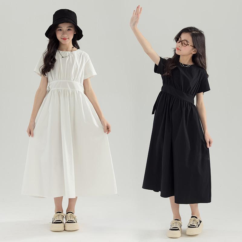 ワンピース ガールズ 白色 黒色 半袖 チュニック Aライン 綿100% 中大童 親子装 130cm 140cm 150cm 160cm 165cm 170cm かわいい 森ガール