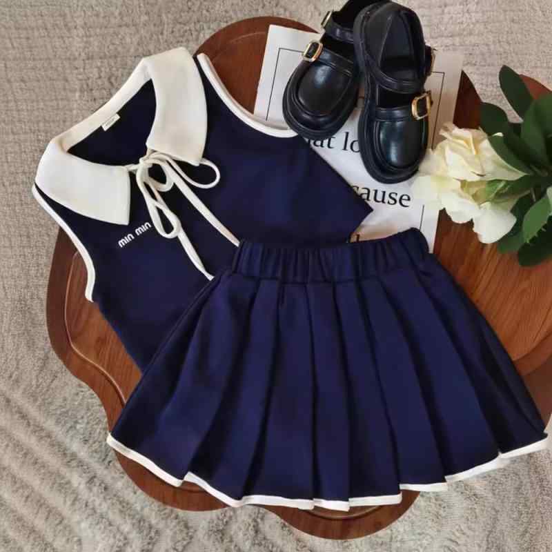 キッズ 女の子 ワンピース セットアップ ノースリーブ ポロシャツ プリーツスカート 2点セット 学院風 かわいい 夏物 薄手 綿 90cm 100cm 110cm 120cm 130cm 140cm