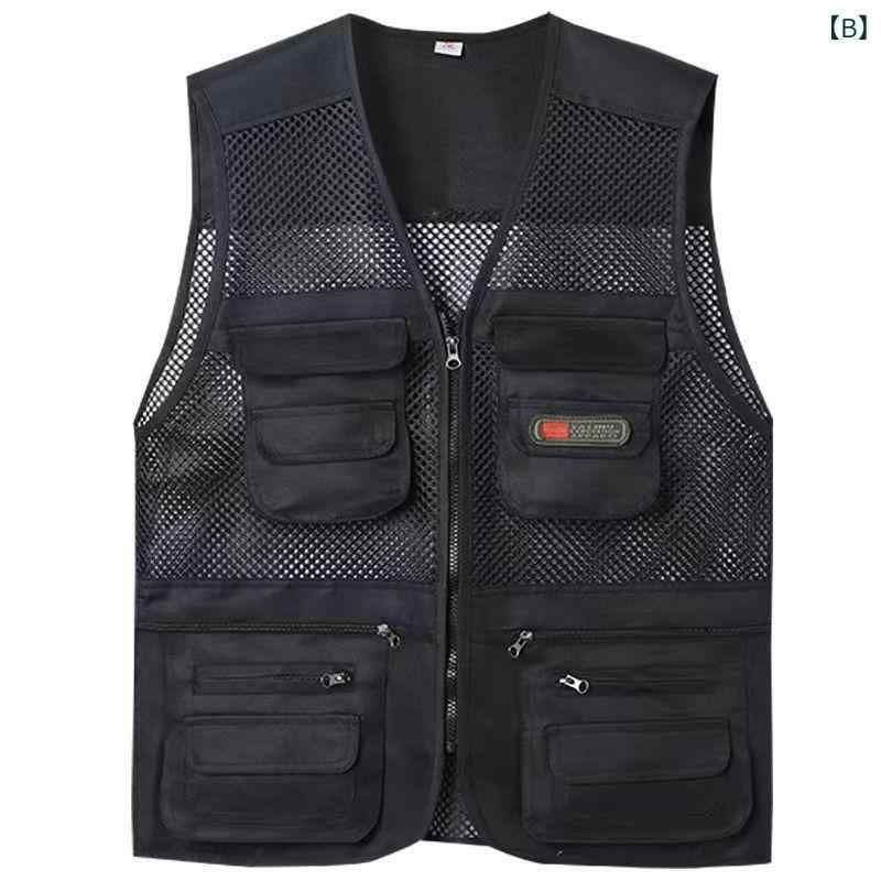 ベスト 男性用 メッシュ 多ポケット 釣り 撮影 アウトドア ミリタリー チョッキ 薄手 灰色 黒 カーキ 赤 迷彩柄 ポリエステル