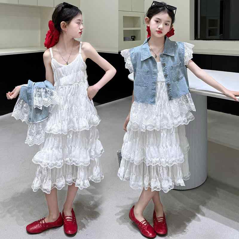 キッズ 女の子 デニム ワンピース セットアップ 夏物 子供服 ジャンパースカート チュールスカート 2点セット 120cm 130cm 140cm 150cm 160cm 170cm