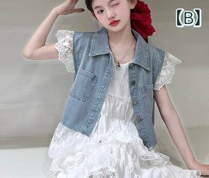 キッズ 女の子 デニム ワンピース セットアップ 夏物 子供服 ジャンパースカート チュールスカート 2点セット 120cm 130cm 140cm 150cm 160cm 170cm 3