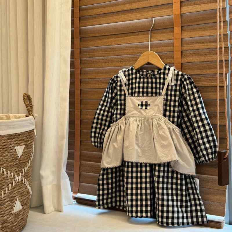 ワンピース 女の子 チェック柄 子供服 プリンセスドレス 2点セット 春秋 長袖 Aライン 膝丈 ミディアム..