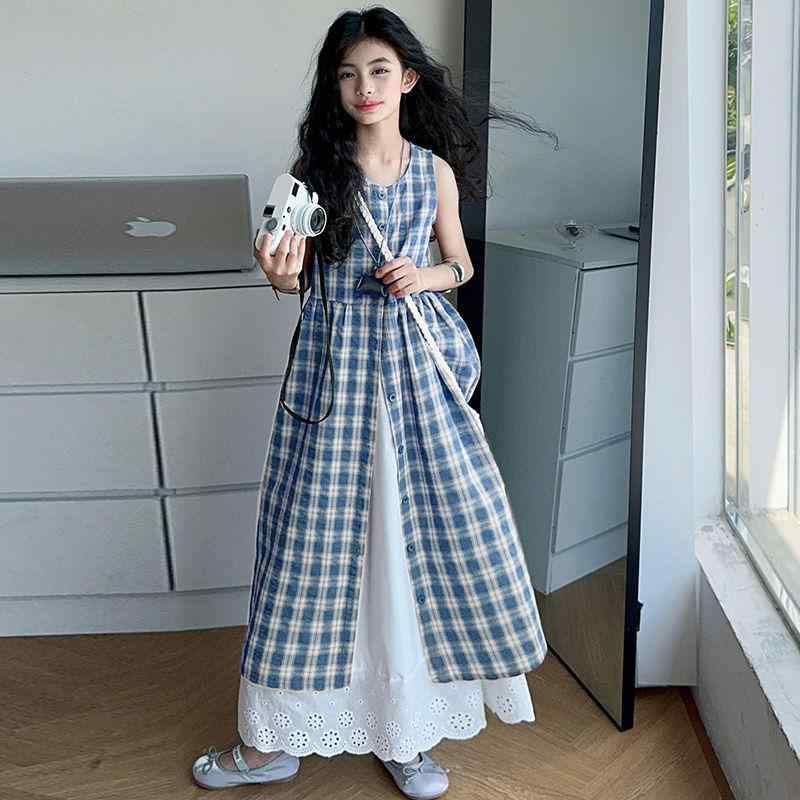 子供用スカート 女の子 夏物 セットアップ 韓国風 ノースリーブ チェック柄 上下セット リゾート 薄手 120cm 130cm 140cm 150cm 160cm 170cm ブルー レッド