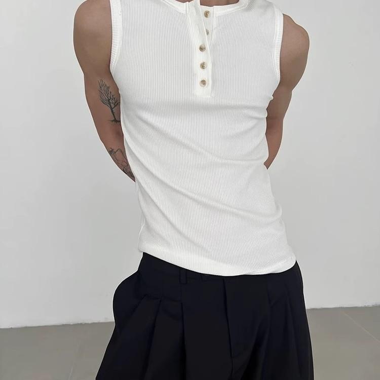 Tシャツ メンズ タンクトップ アメリカン レトロ ヘンリーネック スリムフィット ノースリーブ 夏 高級..