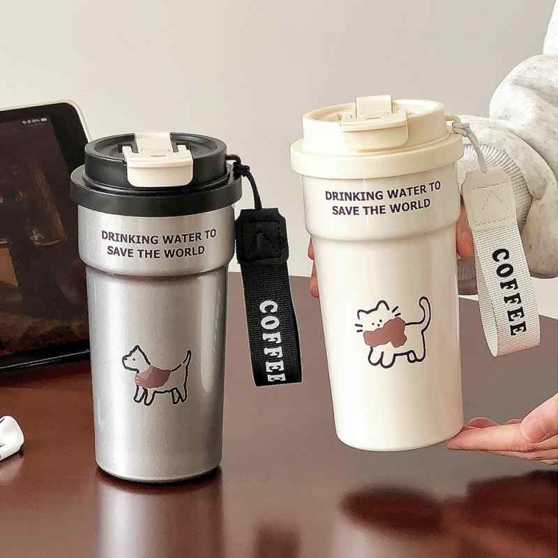 保温杯 レディース かわいい 猫柄 ステンレス 直飲み コーヒーカップ ストロー付き 大容量 保温 保冷 スポーツ アウトドア