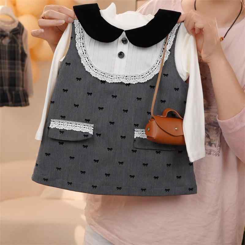 ワンピース 女の子 長袖 春秋 ベビー 子供 プリンセス チェック セット チュニック 膝丈 コットン グレ..